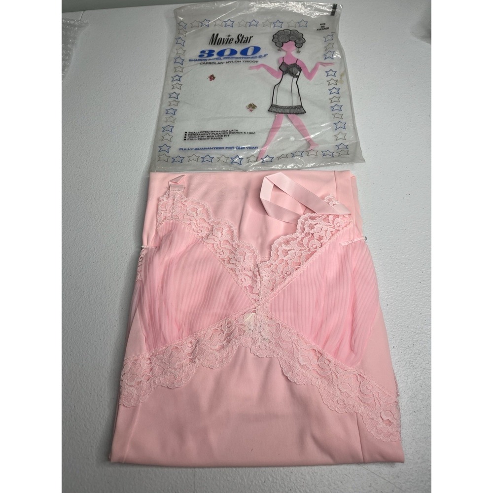 VTG MOVIE STAR Pink Nylon & Lace Slip Dress‎ Lingerie SZ 36 "300"